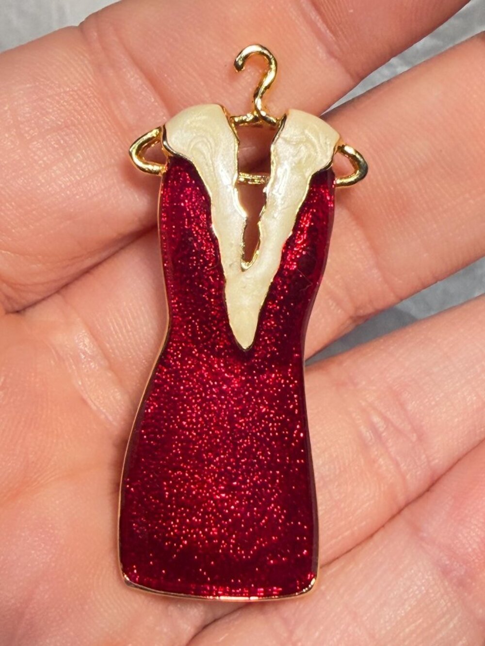 Red Dress Vintage Brooch Signed SFJ Christmas Holiday Fashion Hanger